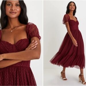 LULU's Sexy Wedding Elegant Boho Flowy Romantic Sweet Swiss Dot Tulle Chic Midi